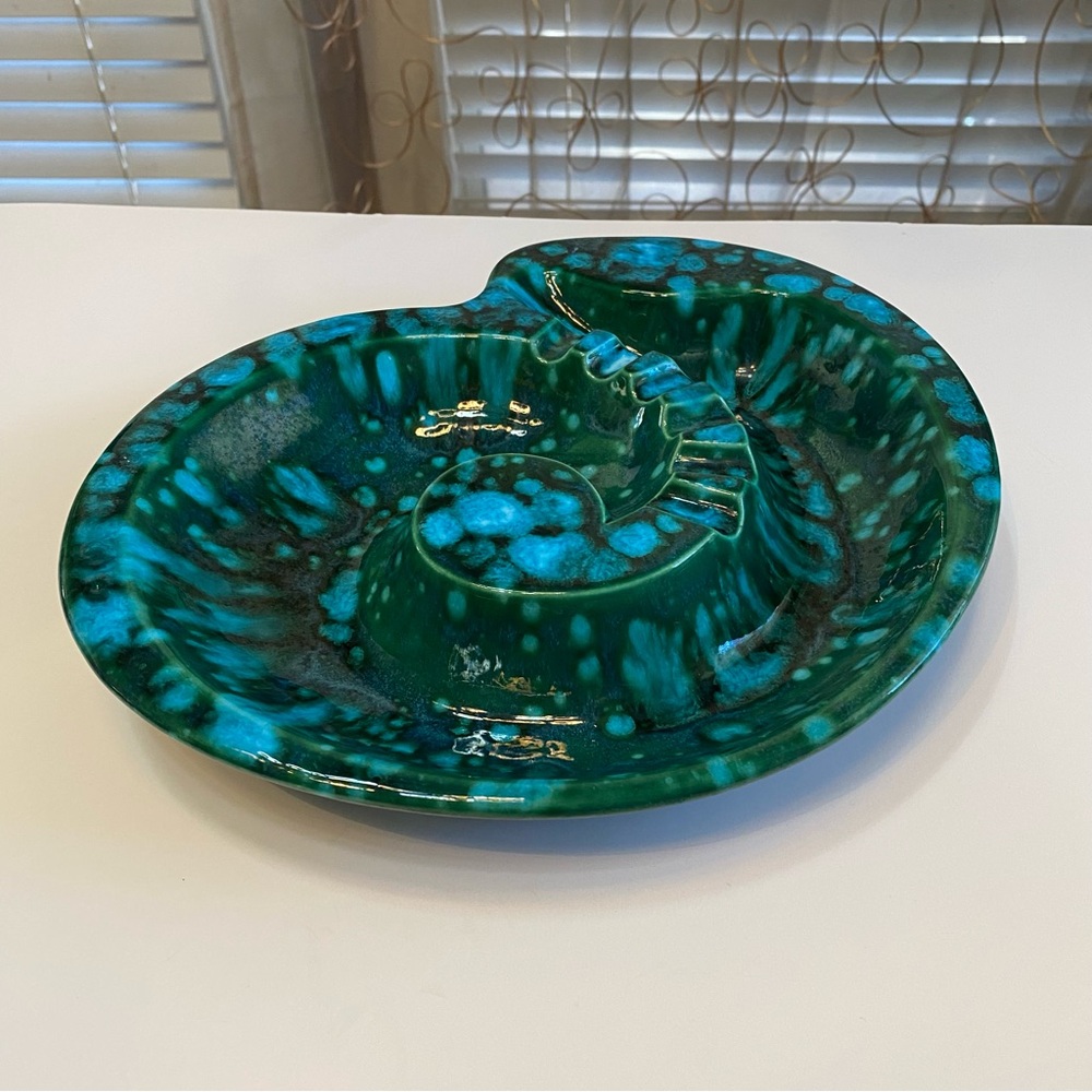 Nautilus Ashtray, Large Hand‑Painted Green Teal Glazed Ceramic Ashtray Catchall